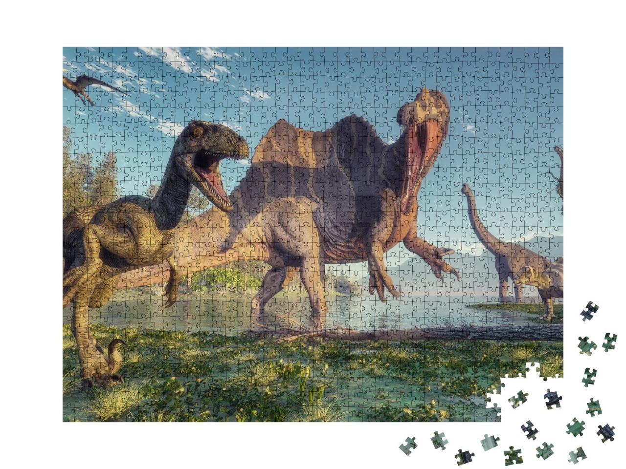 Puzzle 1000 Teile „Spinosaurus und Deinonychus, Dschungel-Szene, 3D-Illustration“