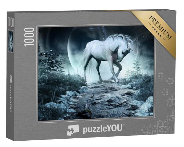 Puzzel 1000 stukjes „Nachtscène met eenhoorn, beek en maan“