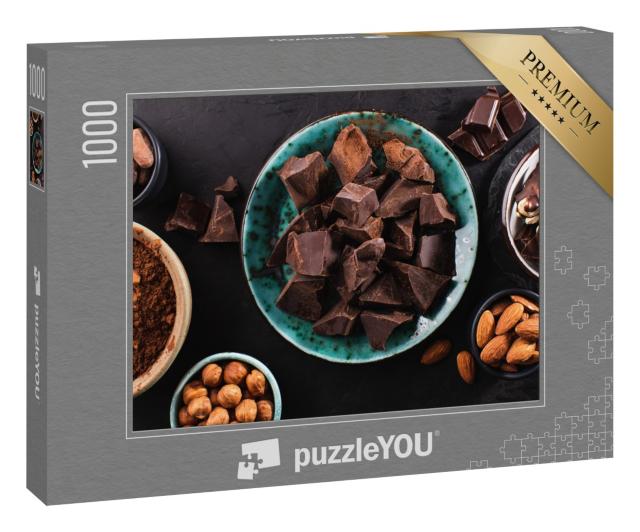 Puzzle 1000 Teile „Schokoladenstücke, Kakaopulver und Nüsse in kleinen Schalen“