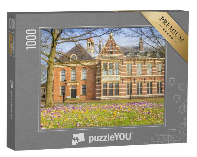 Puzzel 1000 stukjes „Kleurrijke witte en paarse krokussen op het Brinkplein in Assen, Nederland“