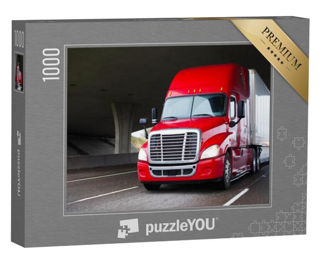 Puzzel 1000 stukjes „Een vrachtwagencombinatie rijdt onder een brug door“