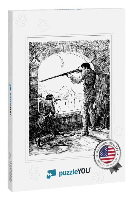 Battle of Alamo Vintage Line Drawing... Jigsaw Puzzle