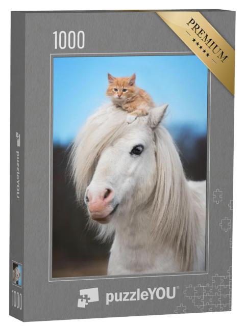 Puzzel 1000 stukjes „Rood katje op het hoofd van een witte Shetland pony“