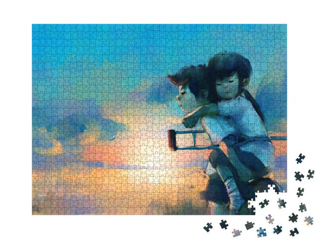 Puzzle 1000 Teile „Digitale Kunst: Junge, der ein verletztes Mädchen mit Krücke trägt“