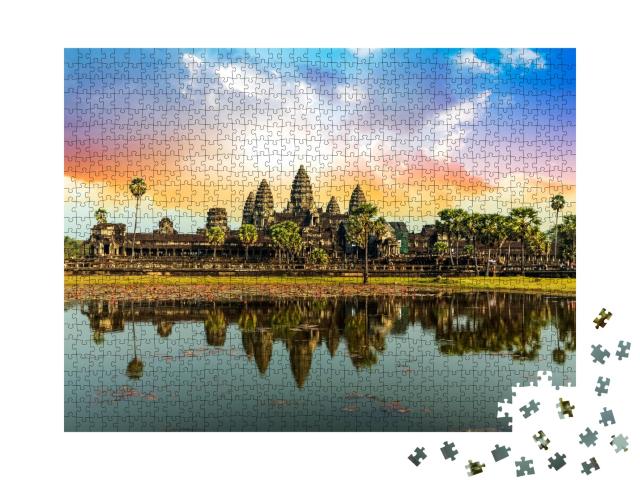 Puzzle 1000 Teile „Farbenfroher Sonnenaufgang bei Angkor Wat, Kambodscha“