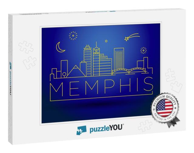 Minimal Memphis Linear City Skyline with Typographic Desi... Jigsaw Puzzle