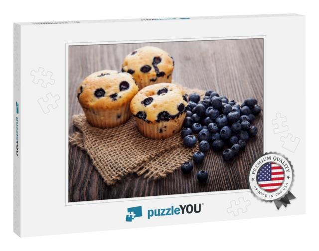 Muffin with Blueberries on a Wooden Table. Fresh Berries... Jigsaw Puzzle
