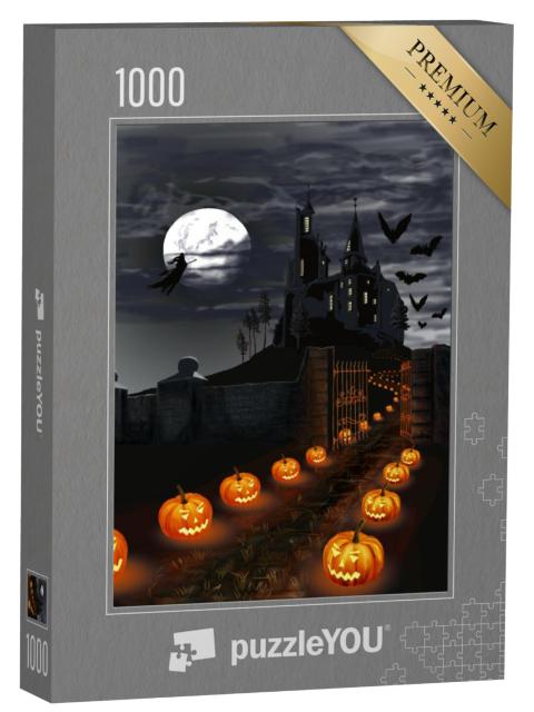 Puzzel 1000 stukjes „Afbeelding: Halloween pompoenen langs het pad naar het donkere kasteel“