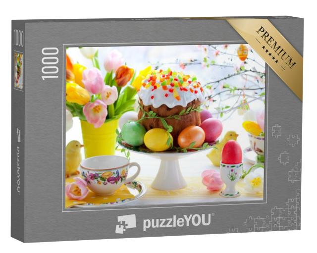 Puzzel 1000 stukjes „Paascake en kleurrijke eieren op de feestelijke paastafel“