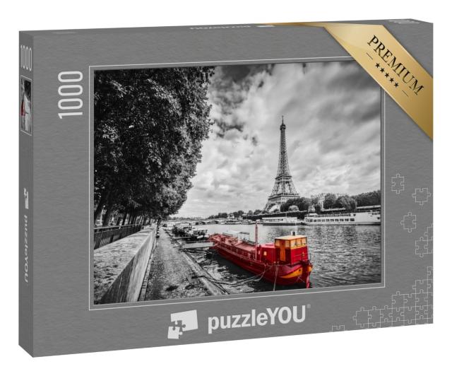 Puzzle 1000 Teile „Eiffelturm über der Seine mit rotem Schiff, Paris, Frankreich“