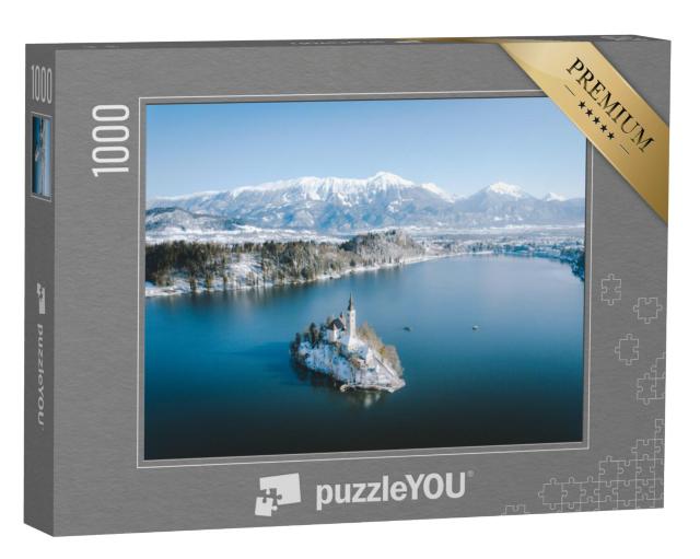 Puzzel 1000 stukjes „Panoramisch uitzicht op het meer van Bled in de winter, Slovenië“