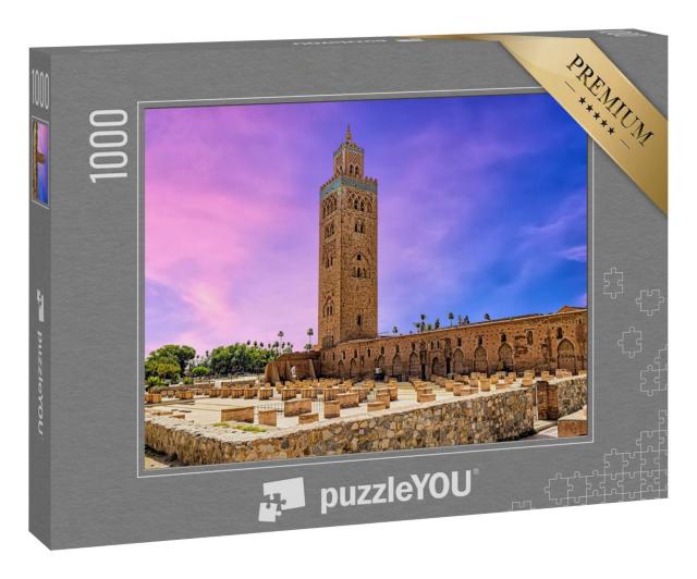 Puzzle 1000 Teile „Sonnenuntergang hinter der Koutoubia-Moschee in Marrakesch, Marokko“