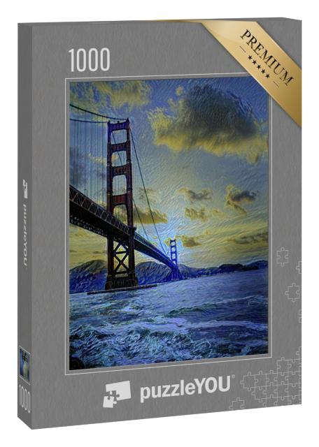 Puzzle 1000 Teile „im Kunst-Stil von van Gogh, Sternennacht - Golden Gate Bridge im Sonnenuntergang“