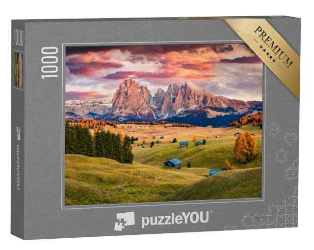 Puzzel 1000 stukjes „Zonsopgang op de Seiser Alm met herfstige lariksen voor de Langkofel“