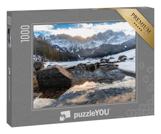 Puzzle 1000 Teile „Frostige Winterlandschaft: Der Eibsee, im Hintergrund die Zugspitze“