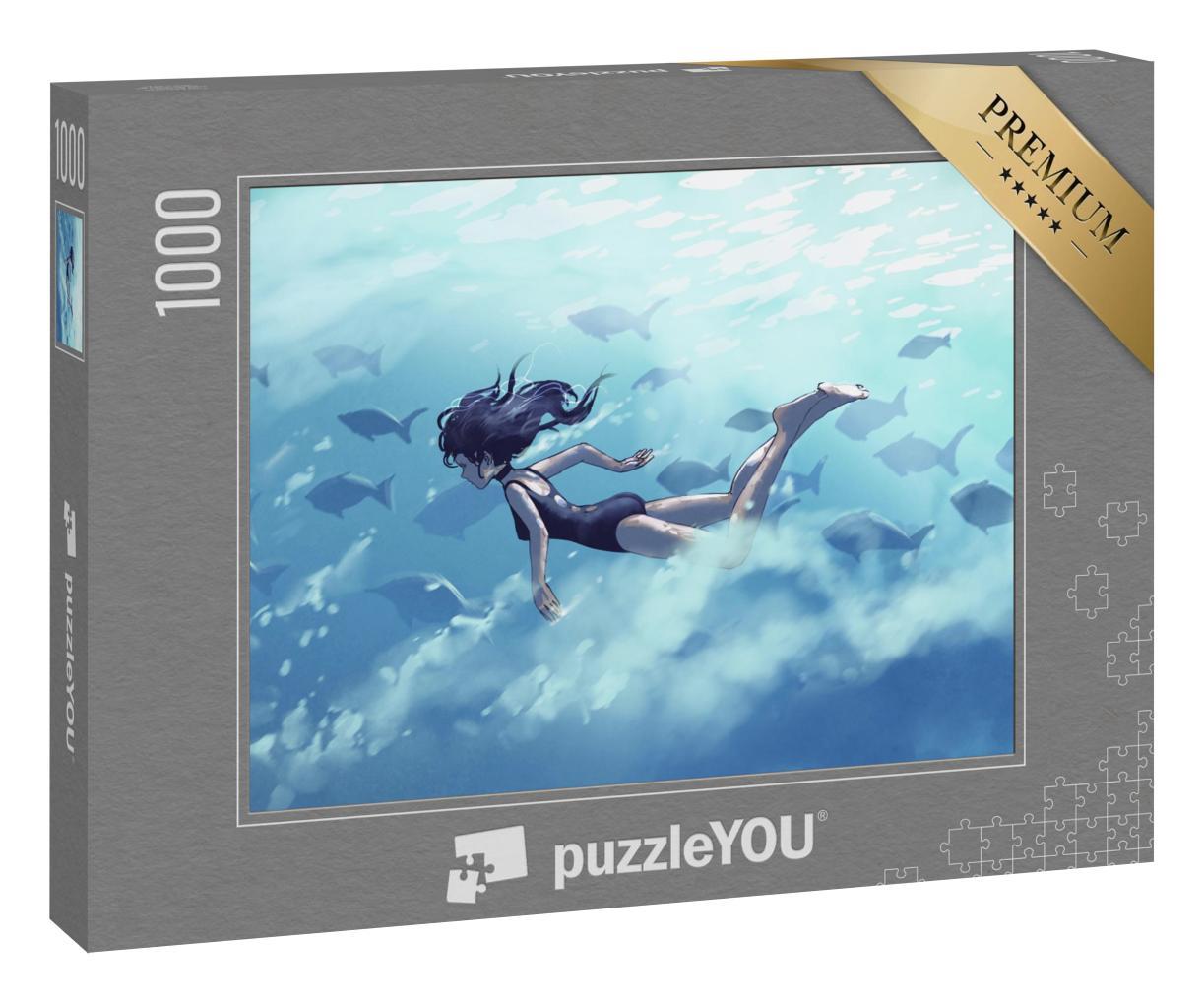 Puzzle 1000 Teile „Digitale Kunst: Junge Frau beim Tauchen mit einem Fischschwarm im Meer“