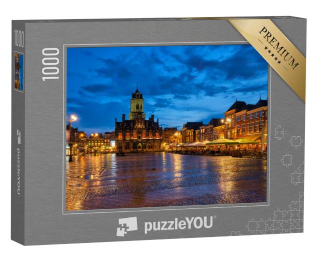 Puzzel 1000 stukjes „Het stadhuis van Delft en de Delftse Markt in de avond“