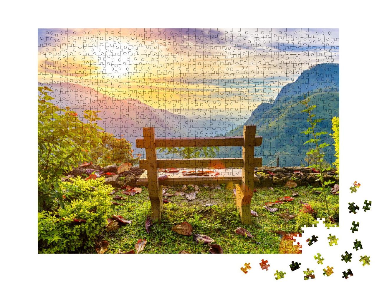 Puzzle 1000 Teile „Eine Bank mit Blick auf das schöne Bergtal in der Morgendämmerung, Ella, Sri Lanka“