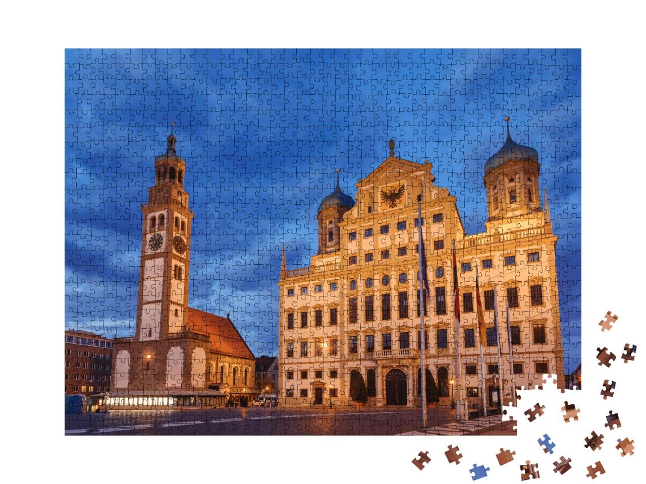 Puzzle 1000 Teile „Beleuchteter Perlachturm und Augsburger Rathaus, Deutschland“