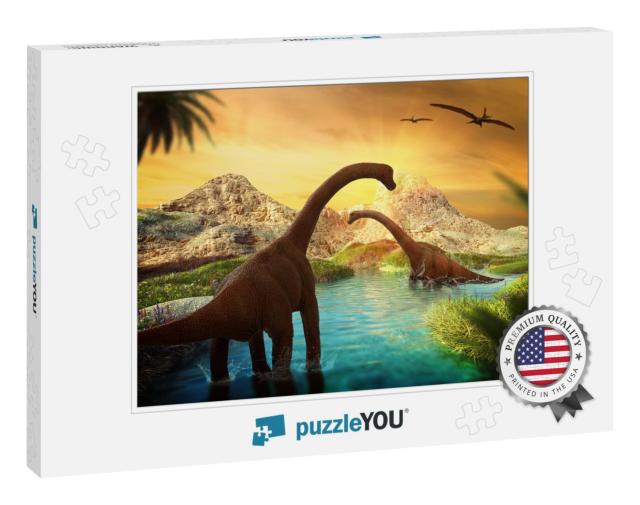 3D Fantasy Landscape with Dinosaur, 3D Rendered Landscape... Jigsaw Puzzle