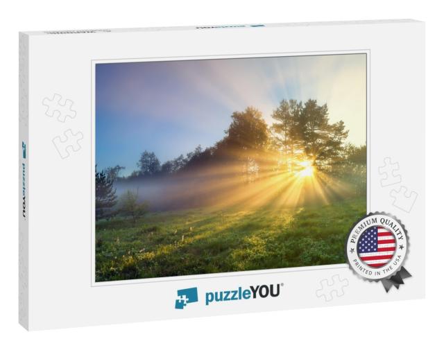 Beautiful Panorama Landscape with Sun & Forest & Meadow A... Jigsaw Puzzle