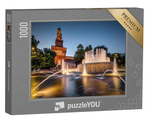 Puzzel 1000 stukjes „Castello Sforzesco met fontein verlicht in de avond, Milaan, Italië“