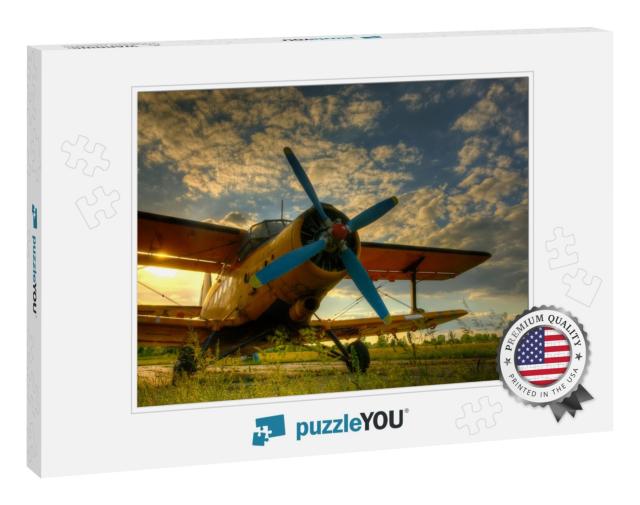 Hdr Photo of an Old Airplane on Green Grass & Sunset Back... Jigsaw Puzzle