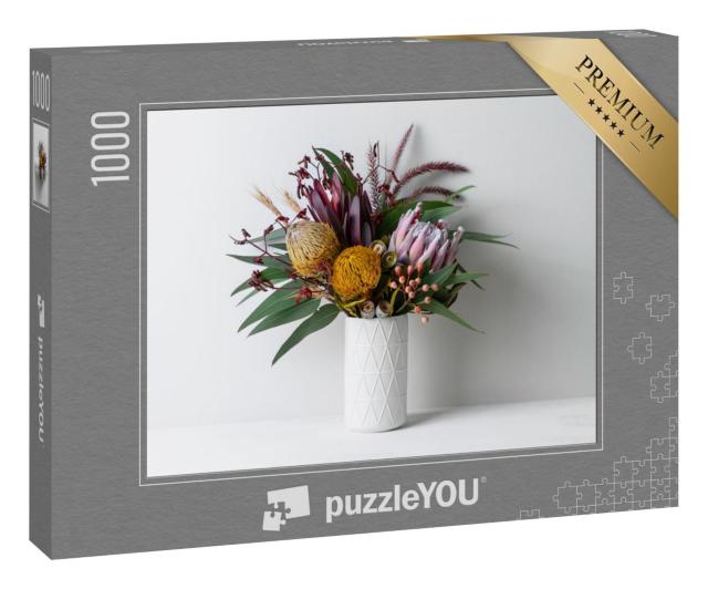 Puzzle 1000 Teile „Australisches Blumenarrangement: Protea, Banksia, Kängurupfote, Eukalyptus“