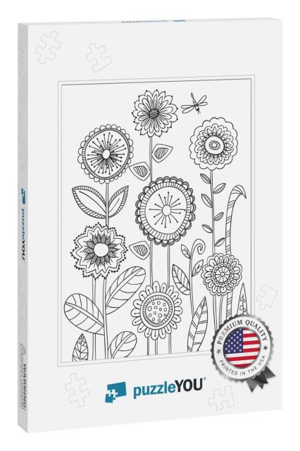 Coloring Book Page with Flowers in Zentagle Stily. Hand D... Jigsaw Puzzle