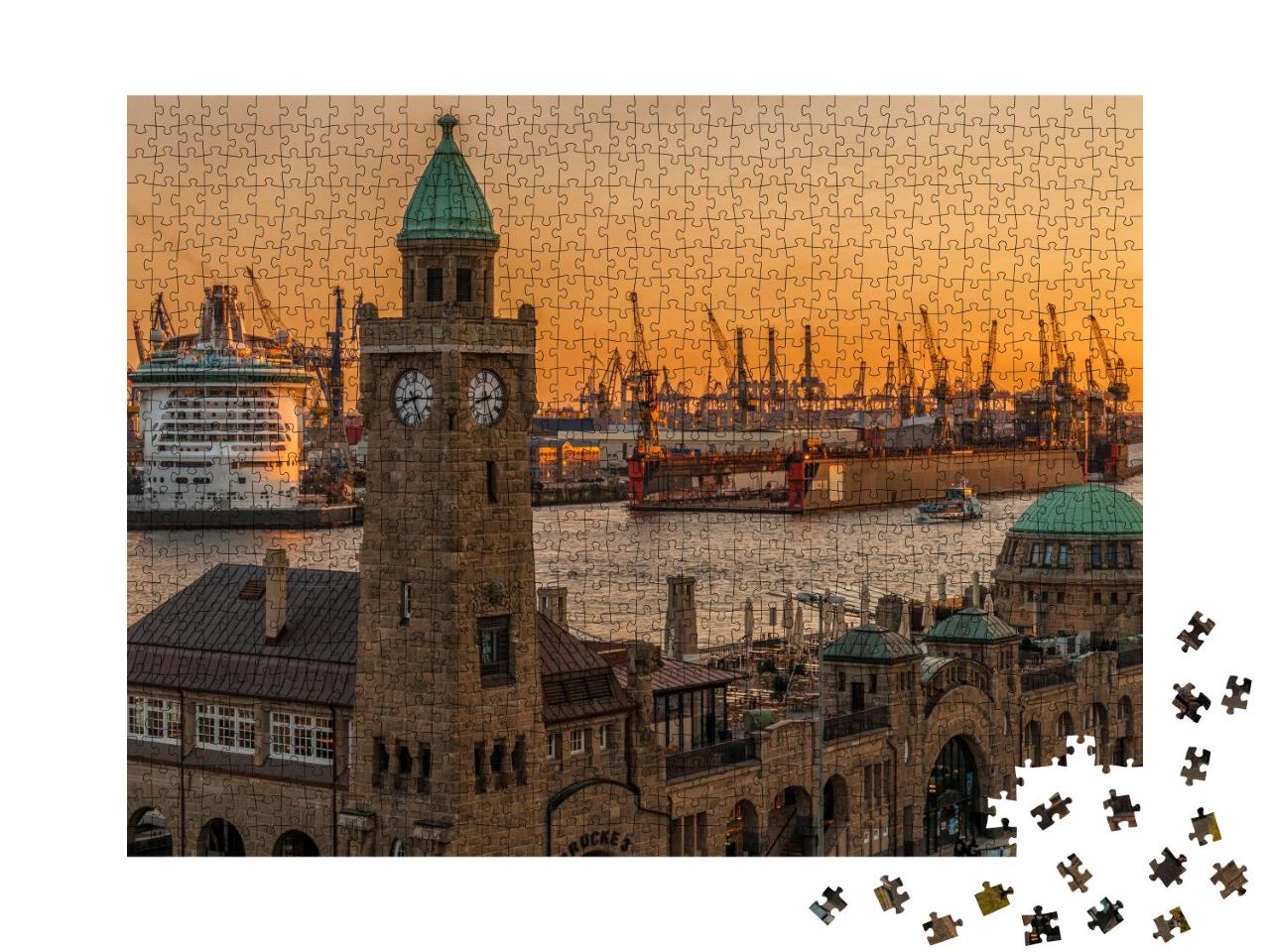 Puzzle 1000 Teile „Sonnenuntergang über den Landungsbrücken und dem Hafen in Hamburg“