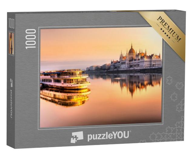 Puzzel 1000 stukjes „Zicht op het parlement van Boedapest bij zonsopgang, Hongarije“