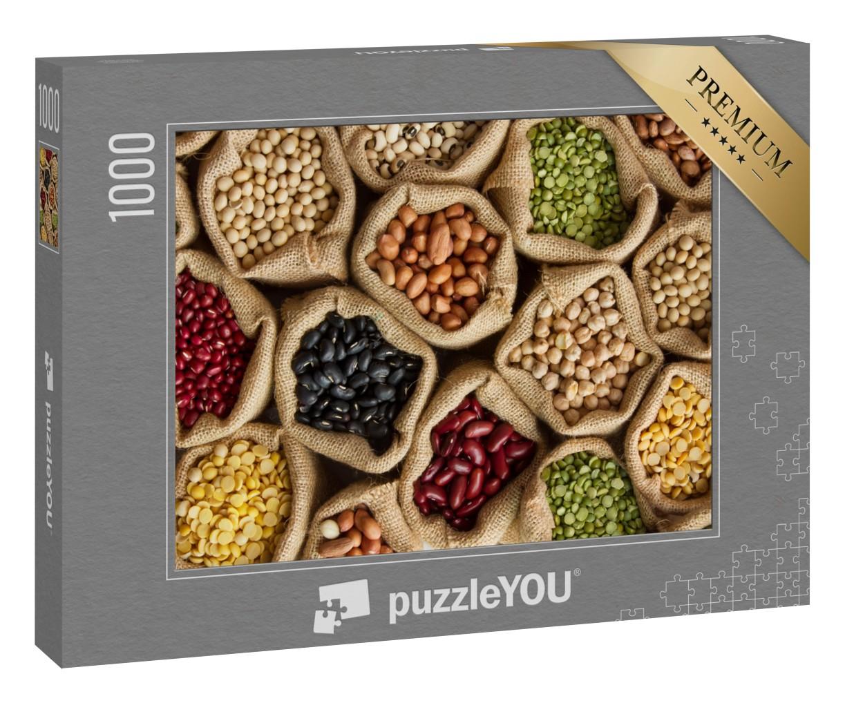 Puzzle 1000 Teile „Verschieden bunte Hülsenfrüchte in Säcken“