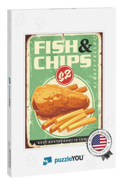 Fish & Chips Retro Ad Tin Sign Design. Fried Fish Fillet... Jigsaw Puzzle