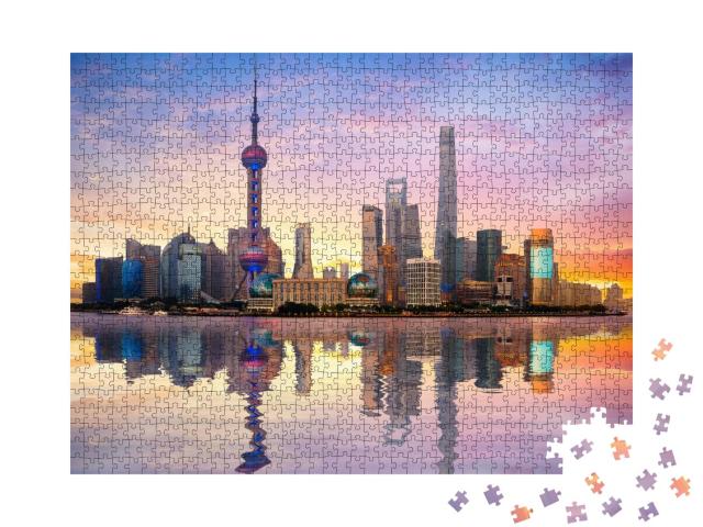 Puzzle 1000 Teile „China, Shanghai: Skyline in der Abenddämmerung“