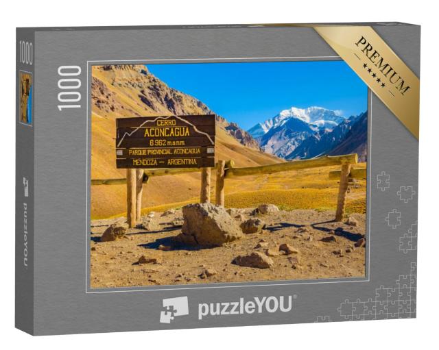 Puzzel 1000 stukjes „Cerro Aconcagua, schild in de bergen van Argentinië“