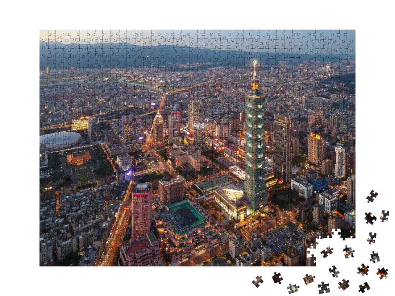 Puzzle 1000 Teile „Skyline des Stadtzentrums von Taipeh, Taiwan, in der Abenddämmerung“