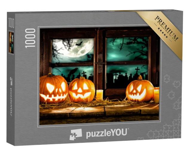 Puzzel 1000 stukjes „Spookachtige Halloween-pompoenen bij het donkere raam“