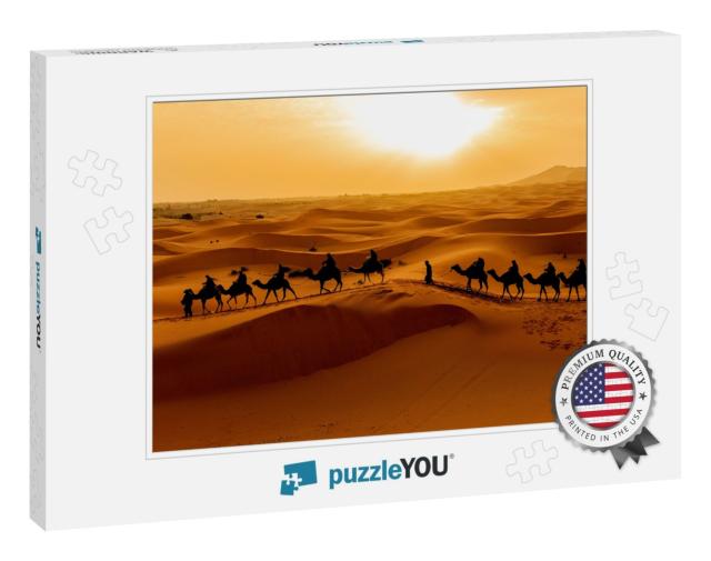 Sahara Desert Silhouette of Camels Caravan of Tourists Ri... Jigsaw Puzzle