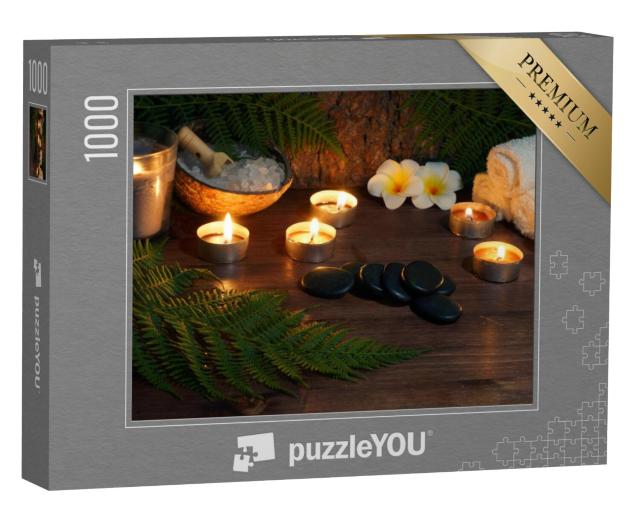 Puzzel 1000 stukjes „Stenen voor de warme massage worden op de tafel klaargelegd“