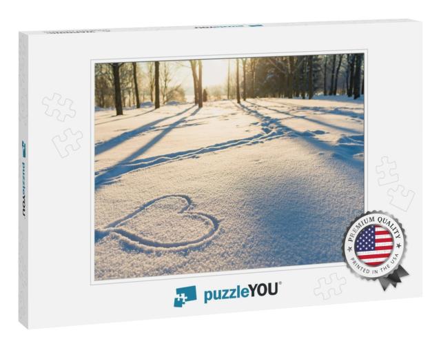 Drawn Heart in a Snow Landscape. Winter Evening Sunset Ni... Jigsaw Puzzle