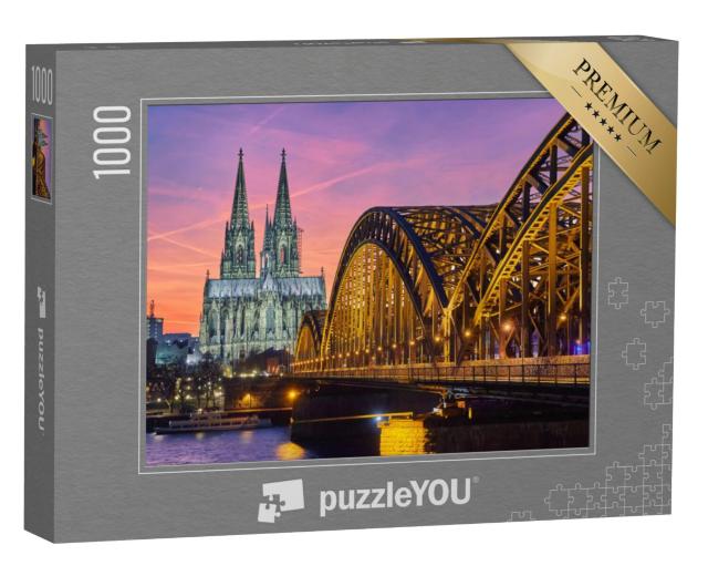 Puzzel 1000 stukjes „Dom van Keulen en Hohenzollernbrücke bij zonsondergang“