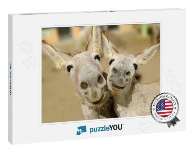 Two Cream Colored Donkeys Pose with Happy Smiles on Their... Jigsaw Puzzle
