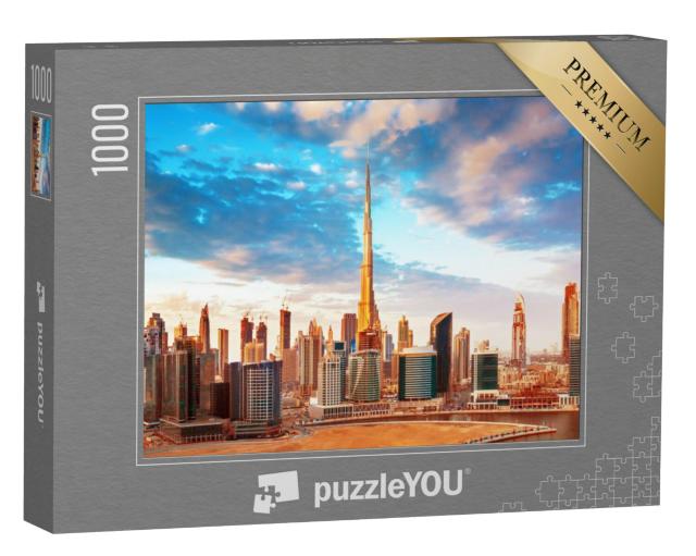 Puzzel 1000 stukjes „Zicht op de skyline van Dubai bij zonsondergang“