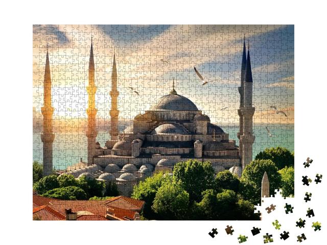Puzzle 100 Teile „Möwen über der Blauen Moschee und dem Bosporus in Istanbul“