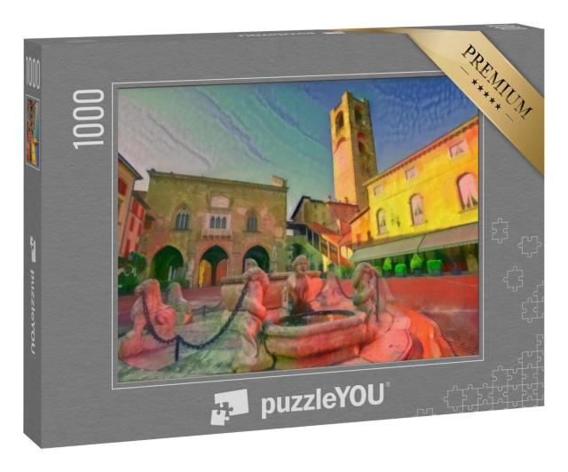 Puzzle 1000 Teile „im Kunst-Stil von Franz Marc - Piazza Vecchia in der Altstadt von Bergamo“