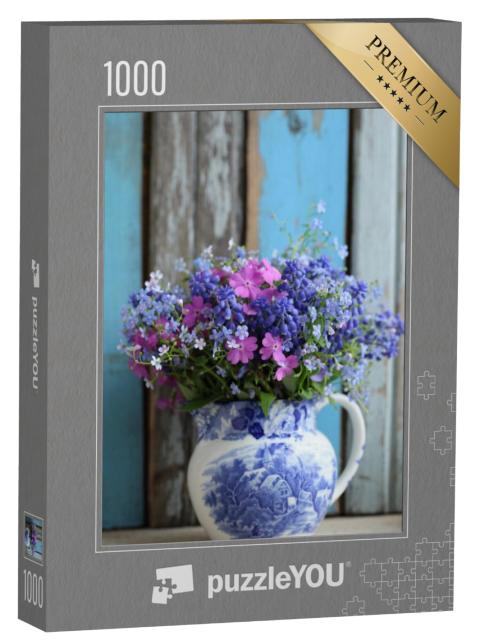 Puzzel 1000 stukjes „Blauw en roze boeket als vintage boeket“