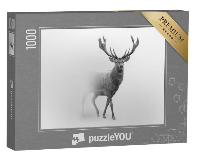 Puzzel 1000 stukjes „Majestueus edelhert in de mist, zwart en wit“