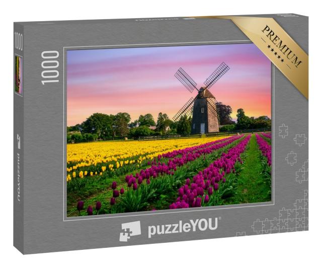 Puzzle 1000 Teile „Windmühle in einem Tulpenfeld mit gelben und violetten Blumen“