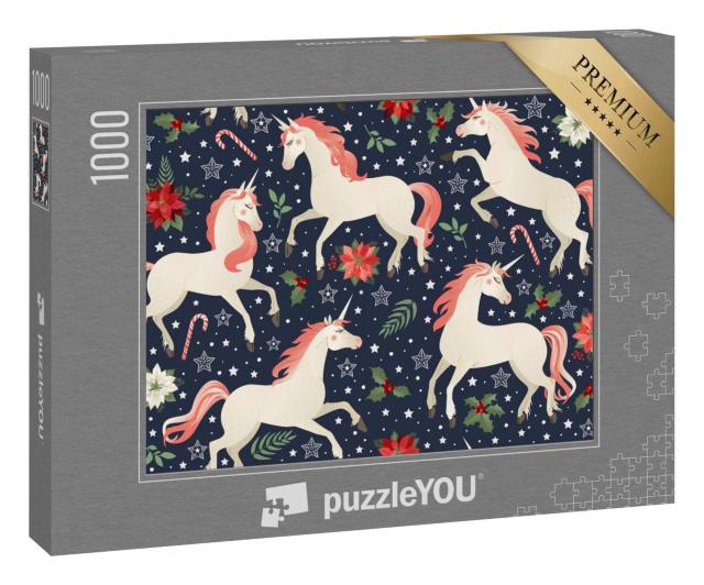Puzzle 1000 Teile „Einhörner auf weihnachtlichem floralem Hintergrund“