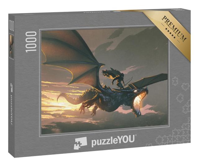Puzzle 1000 Teile „Ritter reitet den Drachen bei Sonnenuntergang“